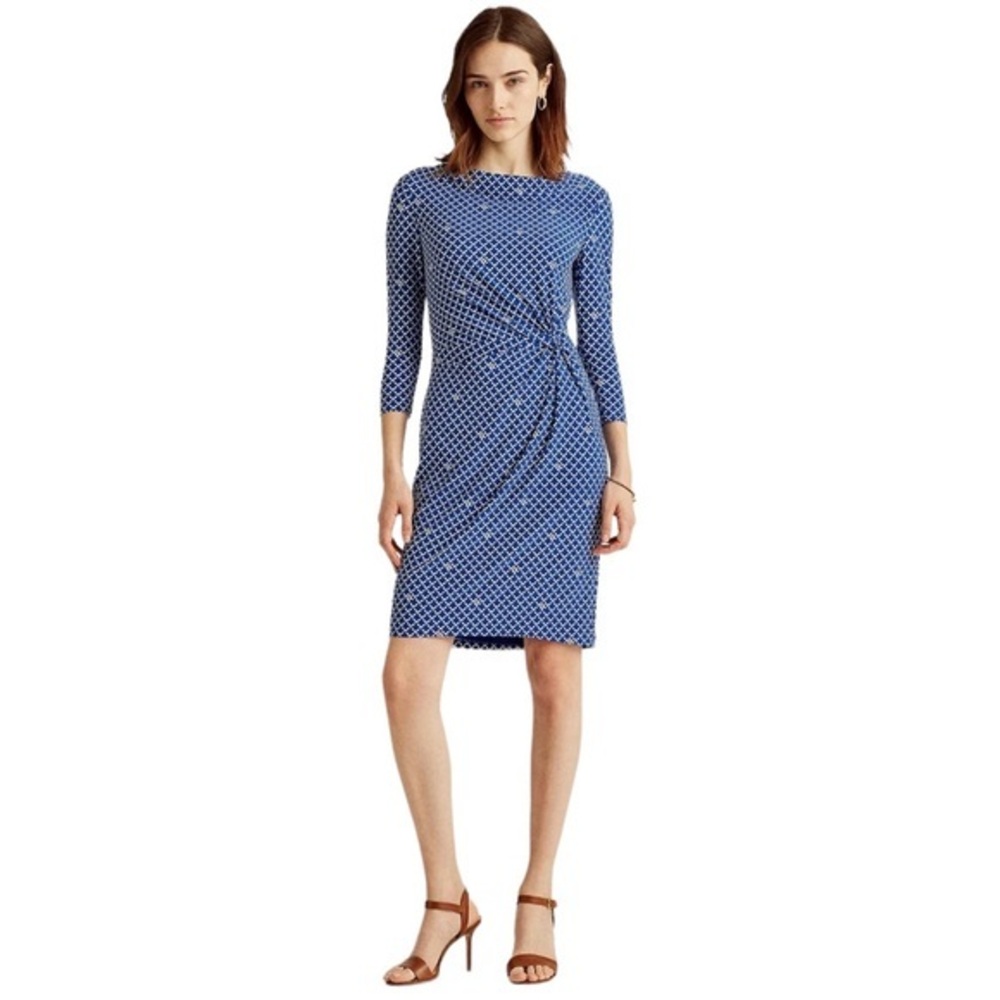 RALPH LAUREN BLACK LABEL BLUE WHITE DRESS ROUND DRAPE NECK 3/4 SLEEVE 0